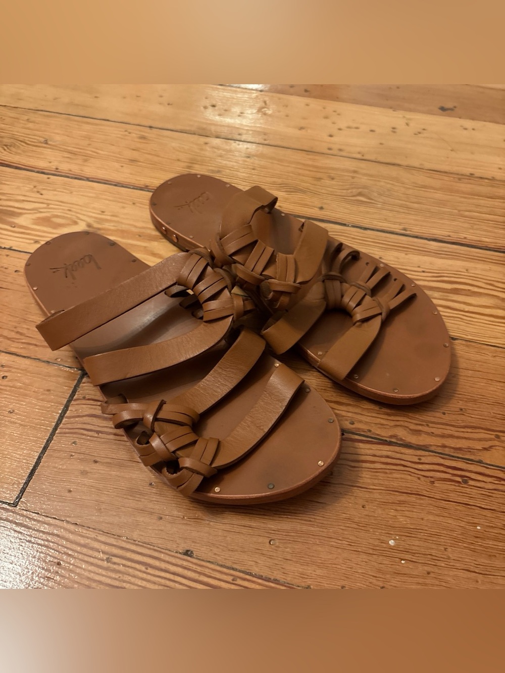 Beek Blackbird Slide Sandals Cognac Tan Leather Size 7 Anthropologie